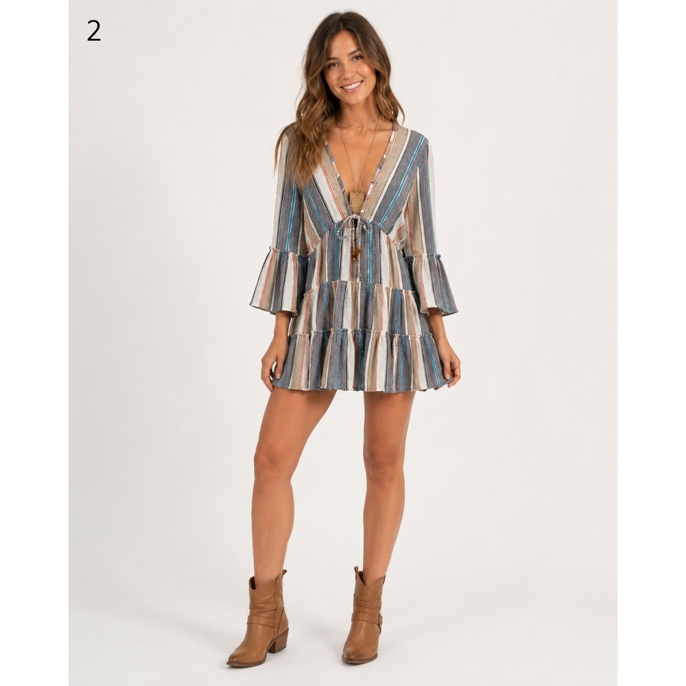 Spiaggia Dolce Tunic Dress Womens Medium White Blue Tan Rayon Beaded Tie Boho‎